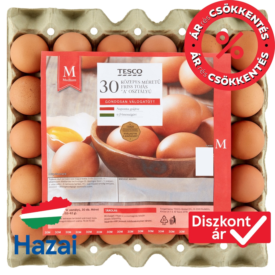 Tesco "A" osztályú közepes méretű friss tojás M 30 db