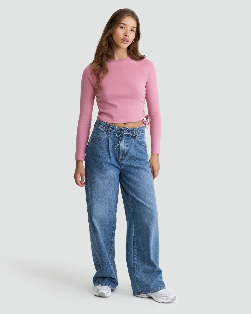 image 1 of OH ME OH MY Cotton Rich Ruched Side Long Sleeved Top in Pink