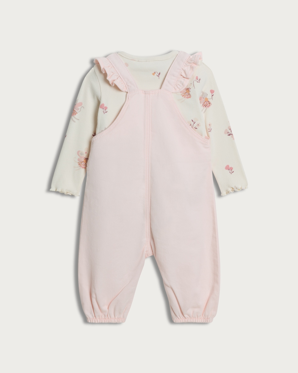 image 1 of F&F Baby Cotton Rich Bunny Pocket Dungarees and Bodysuit Set in Pink