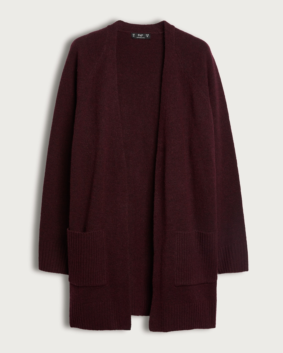 image 1 of F&F Patch Pocket Open Front Cardigan with Wool in Burgundy