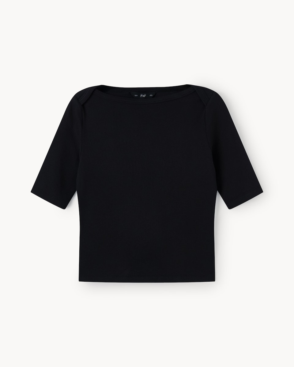 image 1 of F&F Cotton Rich Boat Neck Top in Black