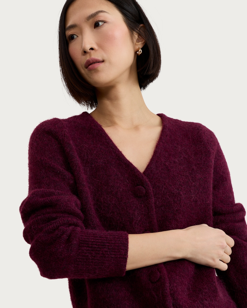 image 1 of F&F Knitted Fluffy V Neck Cardigan in Burgundy
