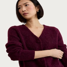 F&F Knitted Fluffy V Neck Cardigan in Burgundy