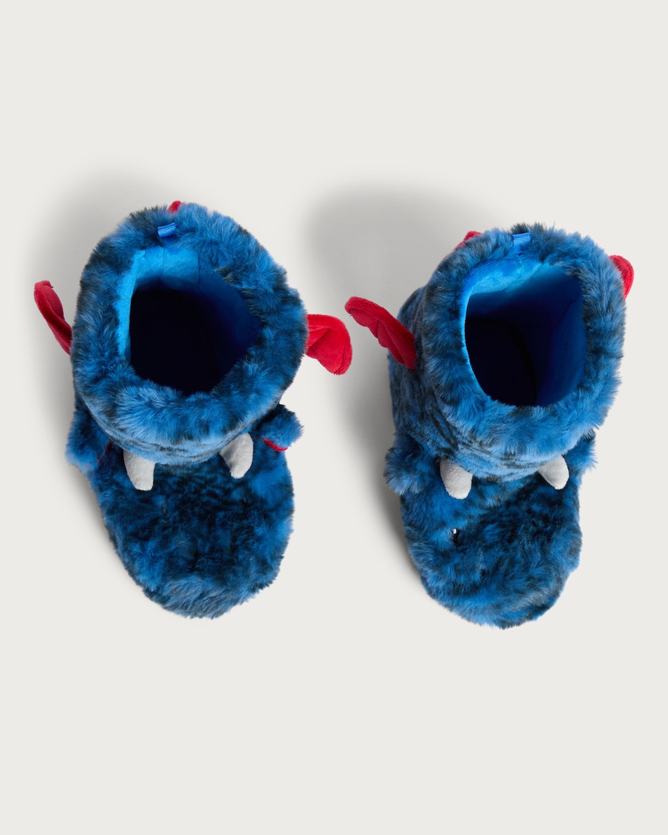 image 1 of F&F Boys Fleece Dino Monster Boot Slippers in Blue