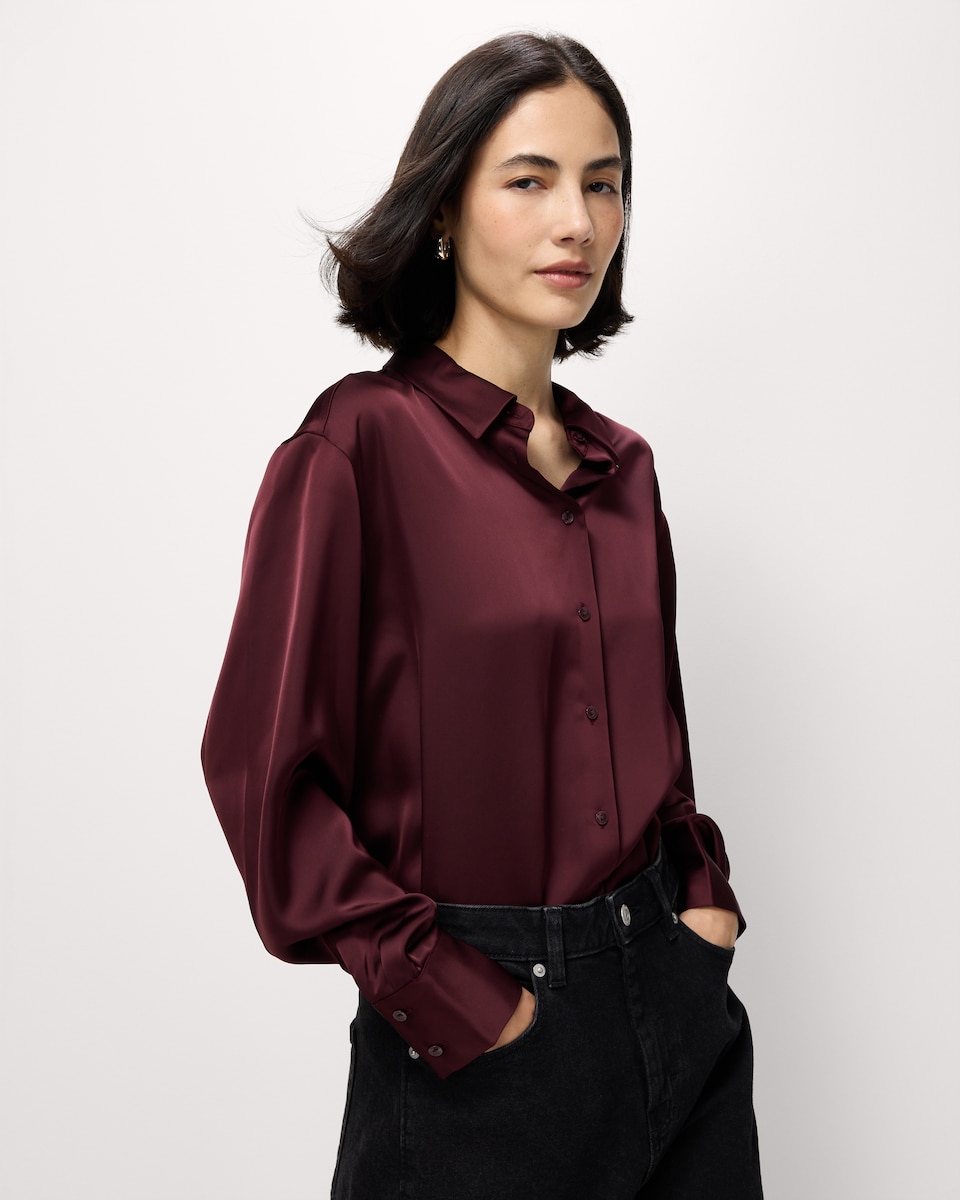 image 1 of F&F Satin Collared Oversized Co-ord Shirt in Red