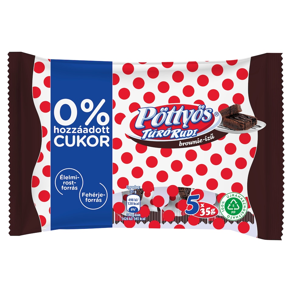 Pöttyös Túró Rudi Brownie-Flavoured Cottage Cheese Dessert with Cocoa Coating 5 x 35 (175 g)