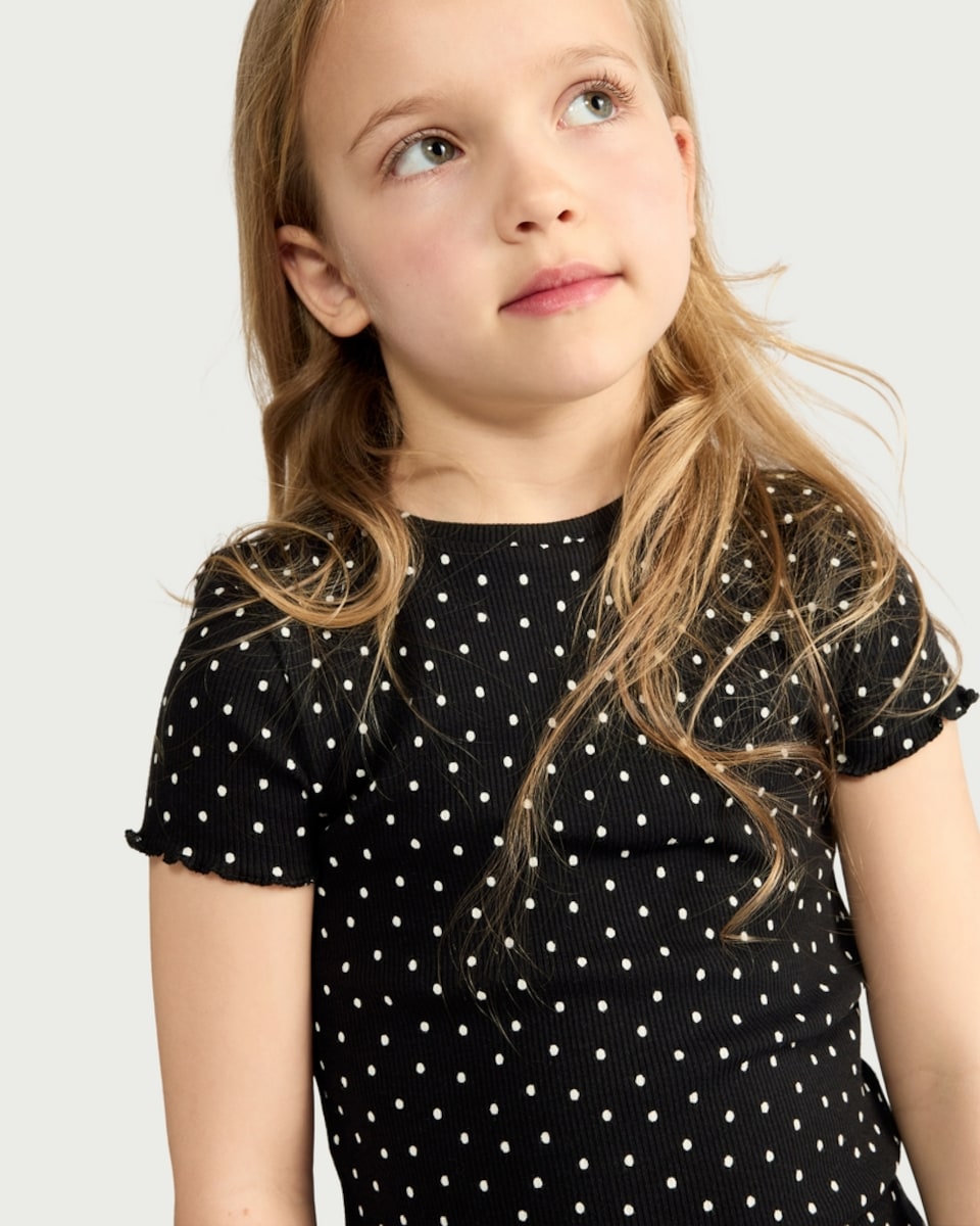 image 1 of F&F Girls 2-Pack Cotton Rich Ribbed Polka Dot T-Shirts in Multi Black White