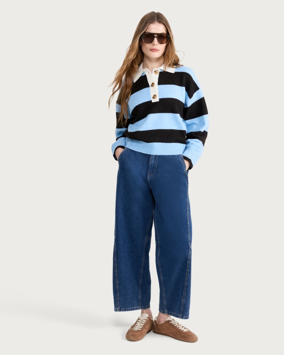 image 1 of F&F Knitted Stripe Rugby Shirt in Multi Blue