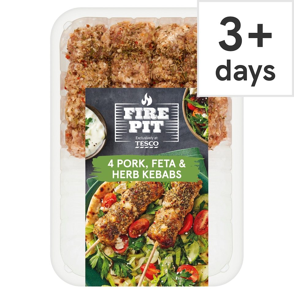 Tesco Fire Pit 4 Pork, Feta & Herb Kebabs 400G