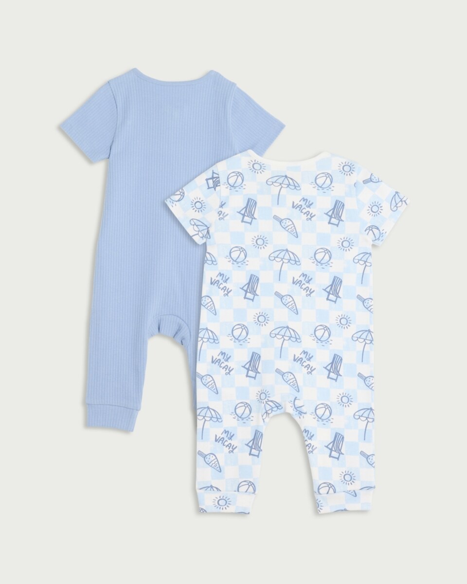 image 1 of F&F Baby 2-Pack Cotton Rich Holiday Short Sleeved Zip Up Rompers in Blue