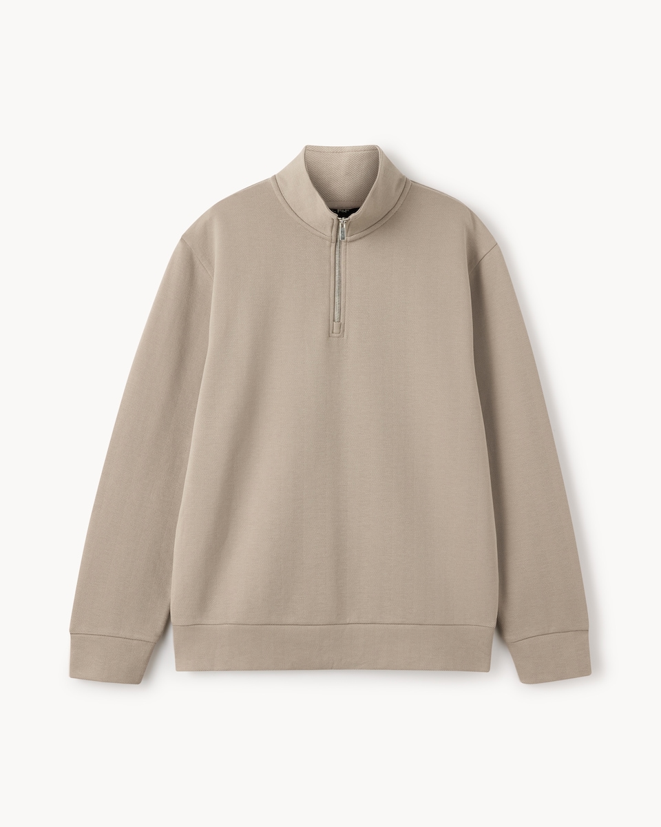 image 1 of F&F Cotton Rich Herringbone Half Zip Sweatshirt in Stone