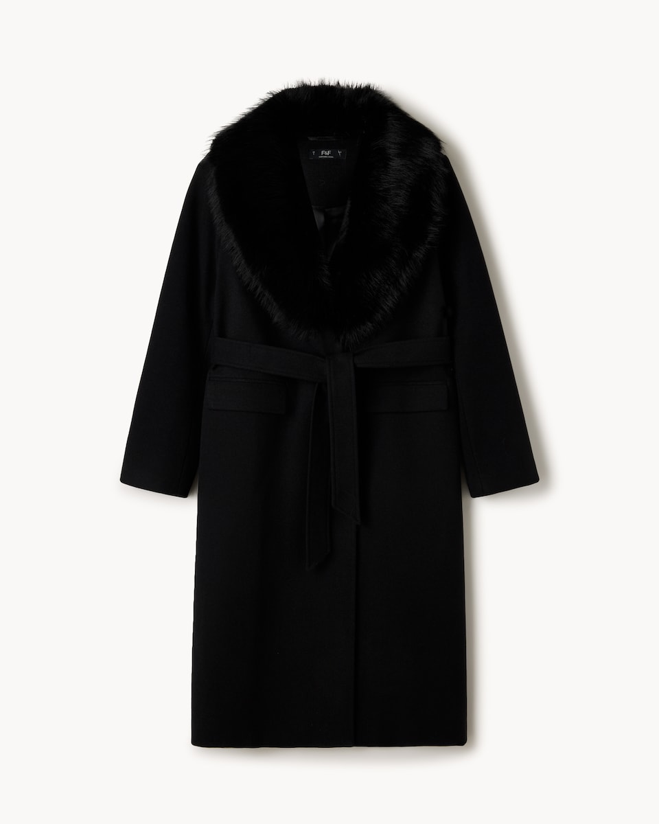 image 1 of F&F Faux Fur Collared Belted Coat in Black
