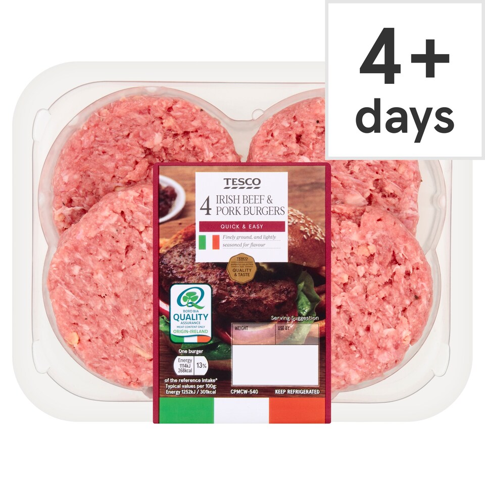 Tesco 4 Irish Beef & Pork Burgers 454g