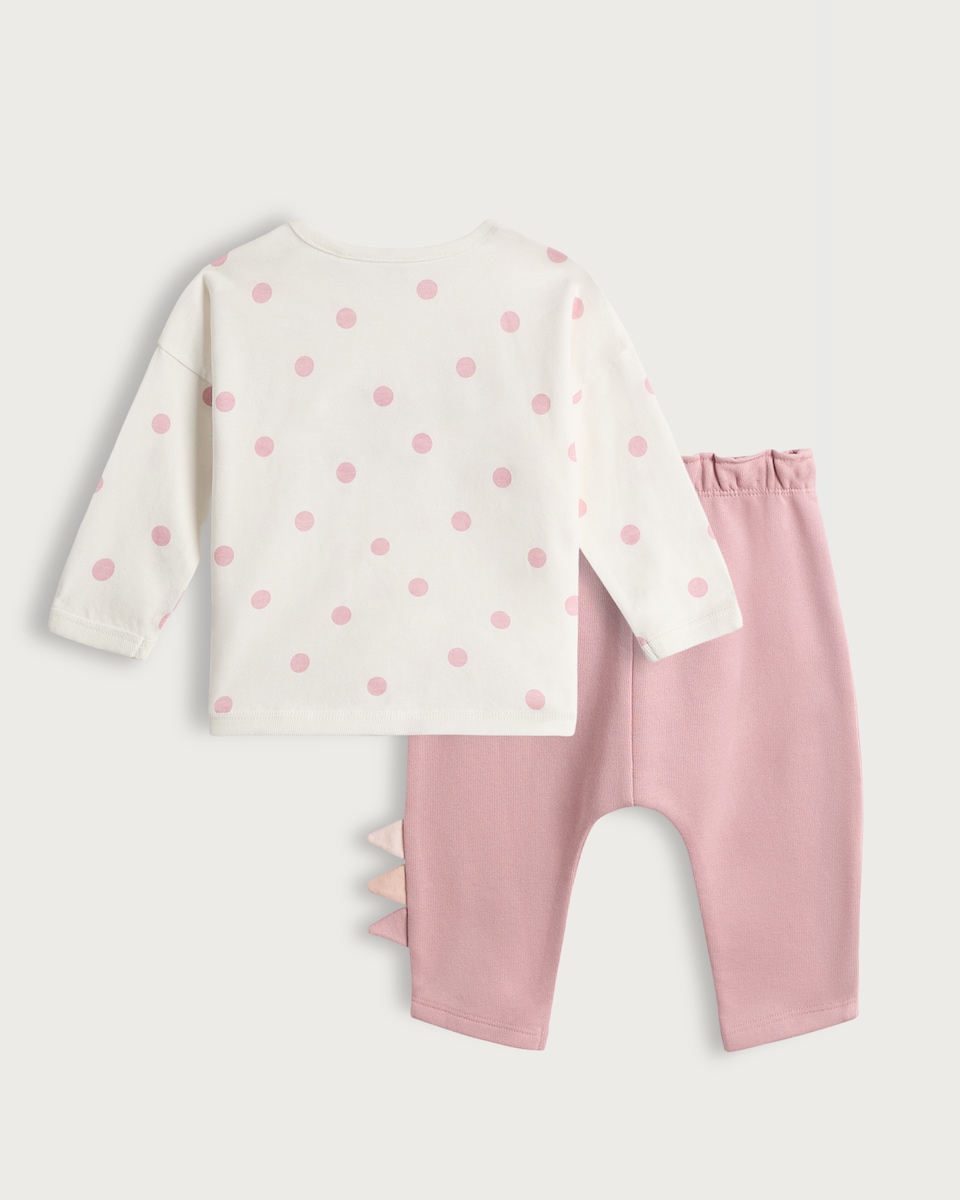 image 1 of F&F Baby 2-Piece Cotton Rich Dinosaur Polka Dot Print Top and Joggers Set in Cream