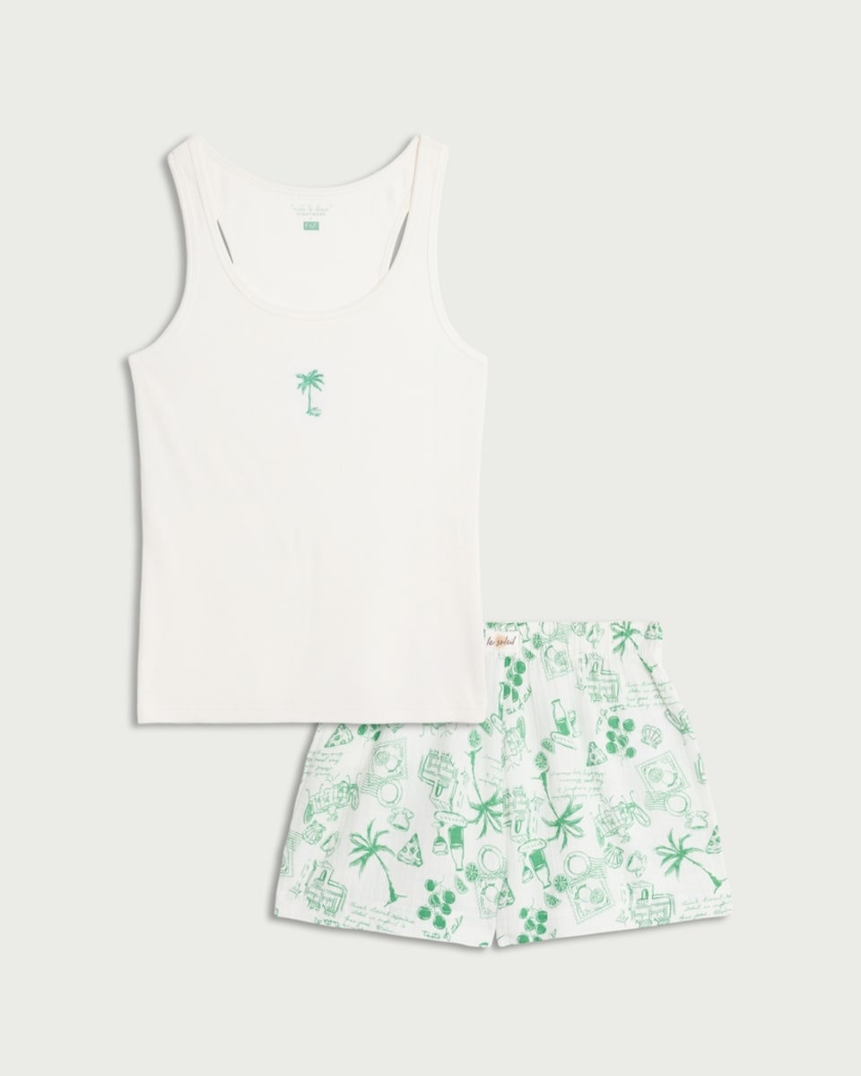 image 1 of F&F Cotton Rich Palm Tree Short Pyjama Set in Multi White