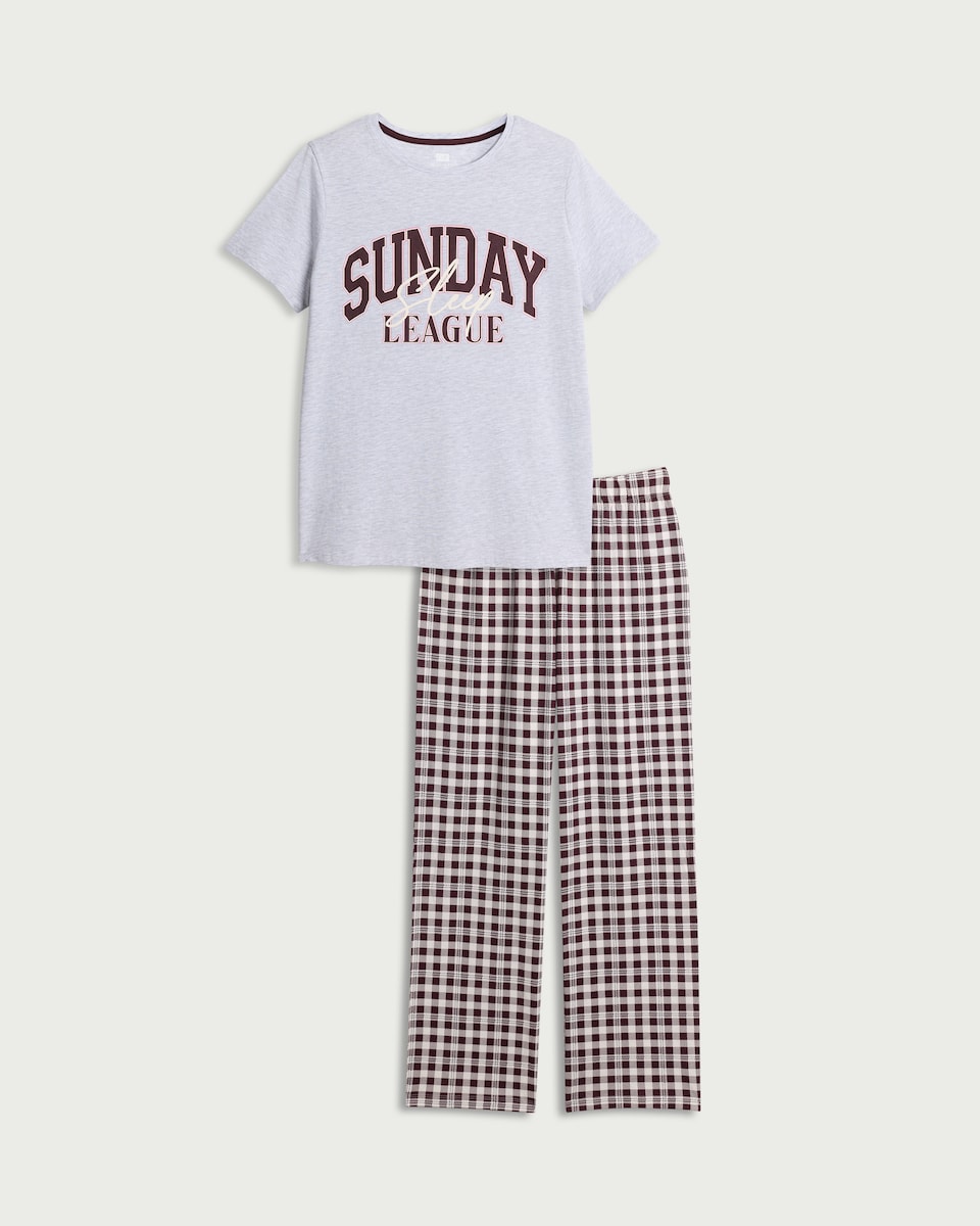 image 1 of F&F Cotton Rich Sunday Print Pyjama Set in Grey