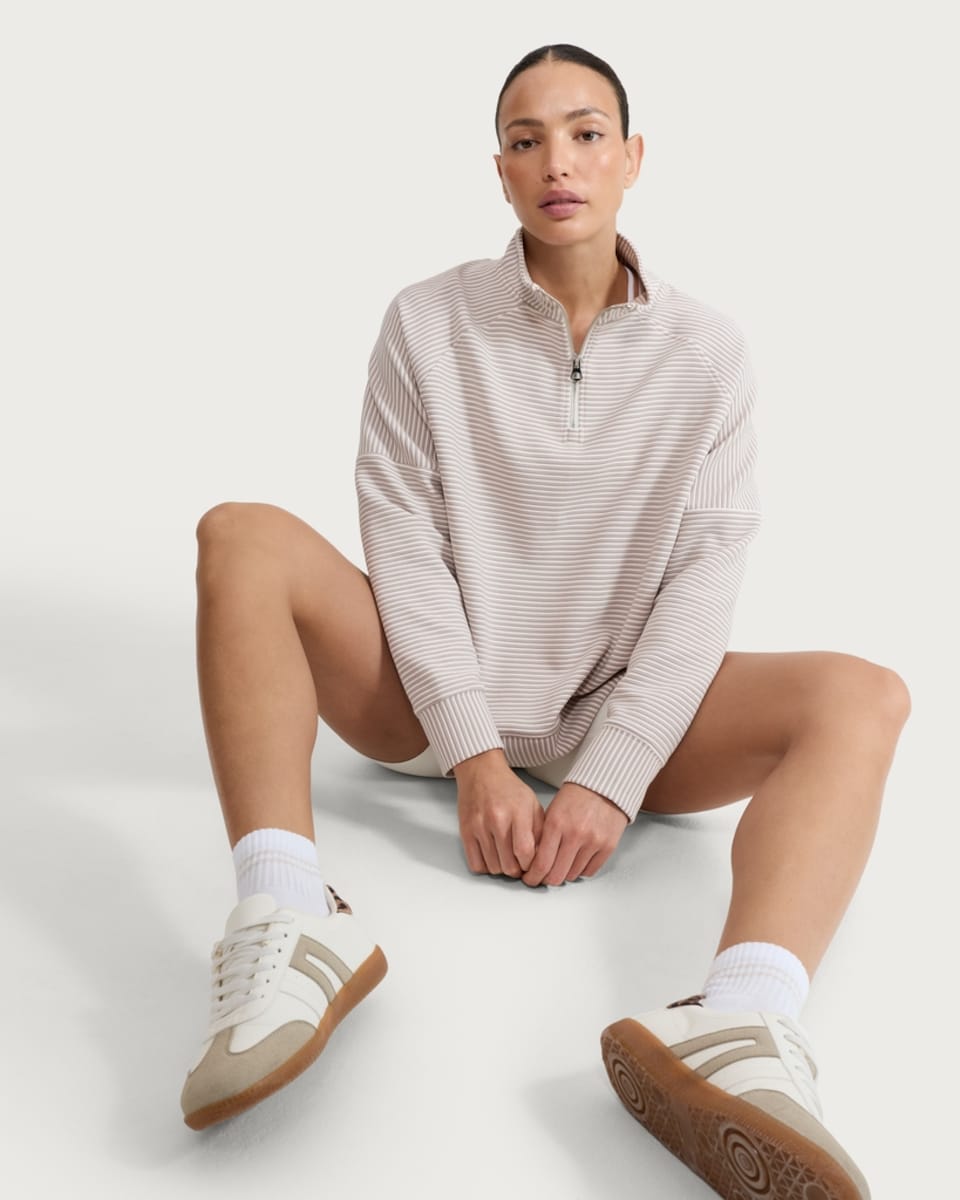 image 1 of F&F Active AFTERCLASS Textured Striped Half Zip Sweatshirt in Neutral