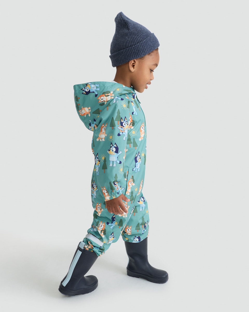 image 1 of Bluey Hooded Fleece Lined Puddlesuit in Green