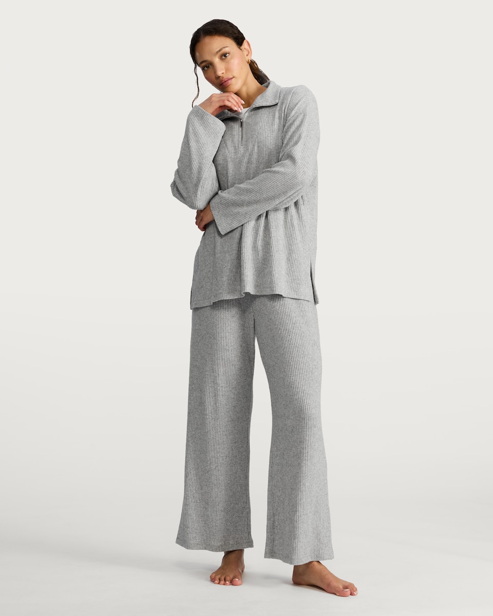 image 1 of F&F Ribbed Snit Half Zip Pyjama Set in Grey