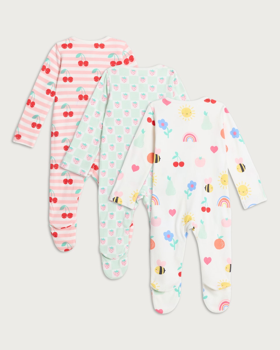 image 1 of F&F Baby 3-Pack Pure Cotton Printed Sleepsuits in Pink