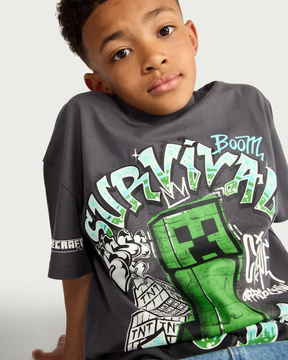 image 1 of Minecraft Survival Mode Pure Cotton Creeper T-Shirt in Grey