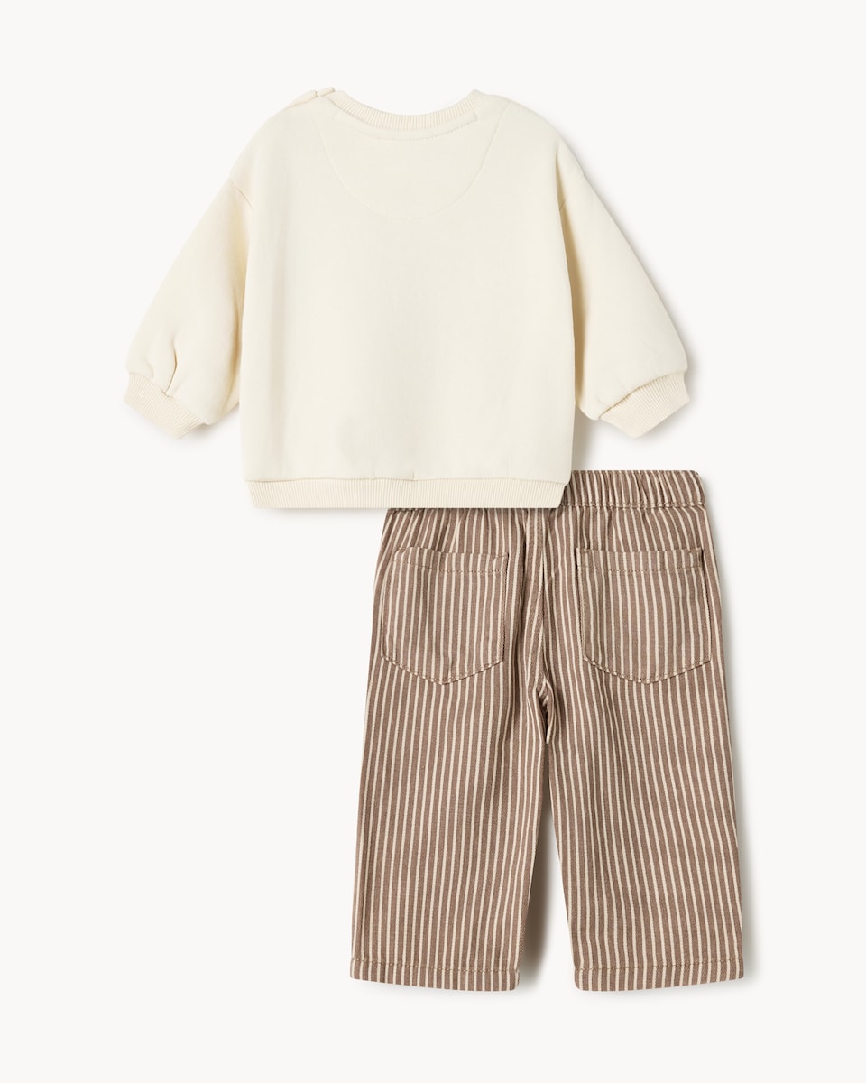 image 1 of F&F Baby Little Bear Sweatshirt and Striped Jeans Set in Cream