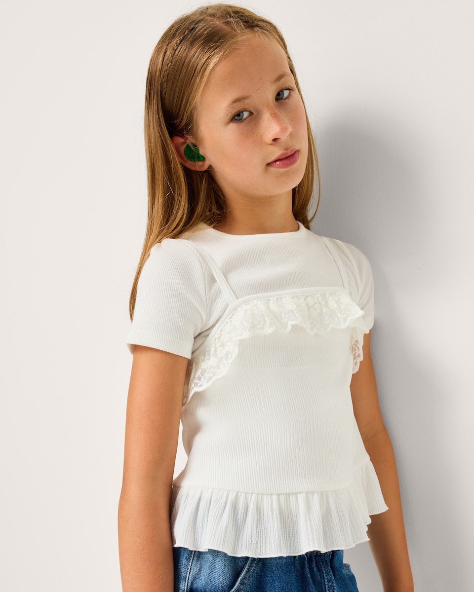 image 1 of F&F Girls Short Sleeved Lace Trim Top in White