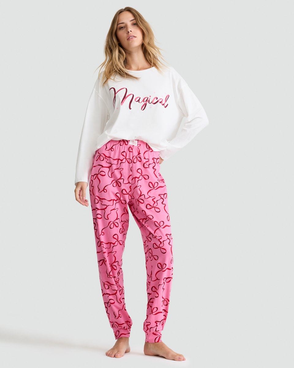 image 1 of F&F Pure Cotton Bow Print Pyjama Bottoms in Pink
