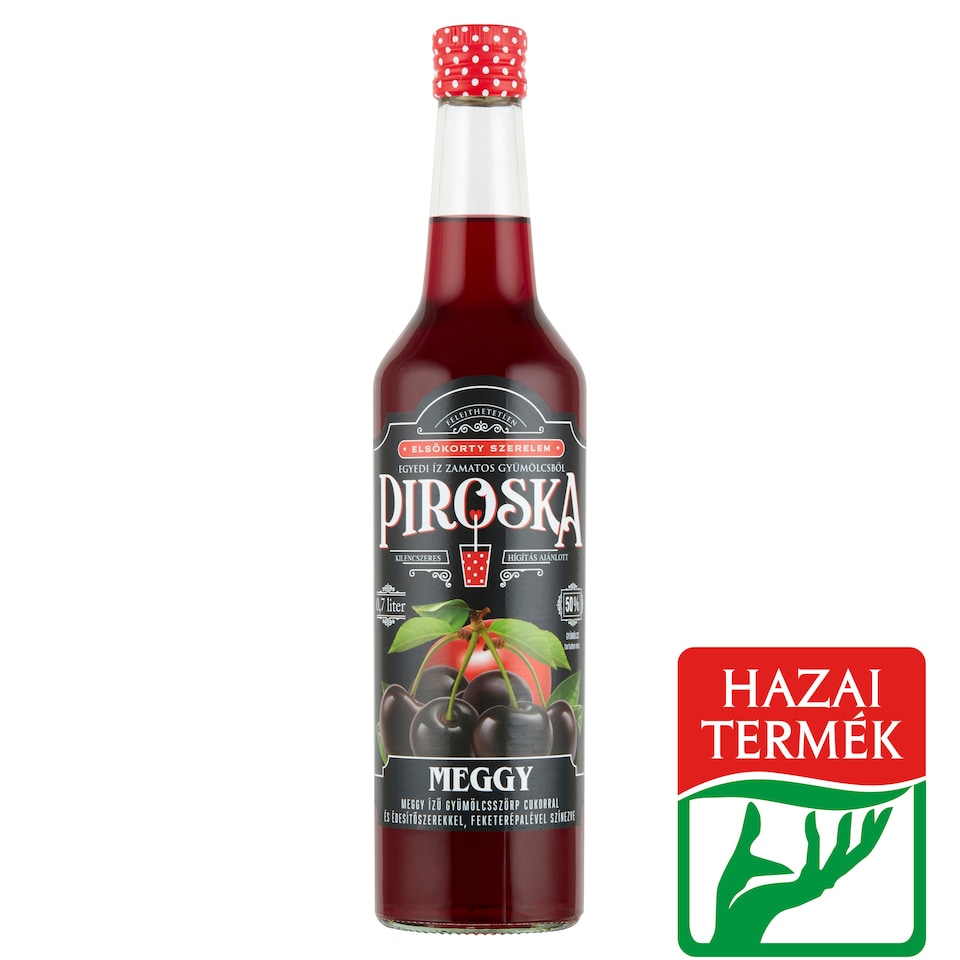 Piroska meggy ízű gyümölcsszörp feketerépalével színezve cukorral és édesítőszerekkel, 0,7 l