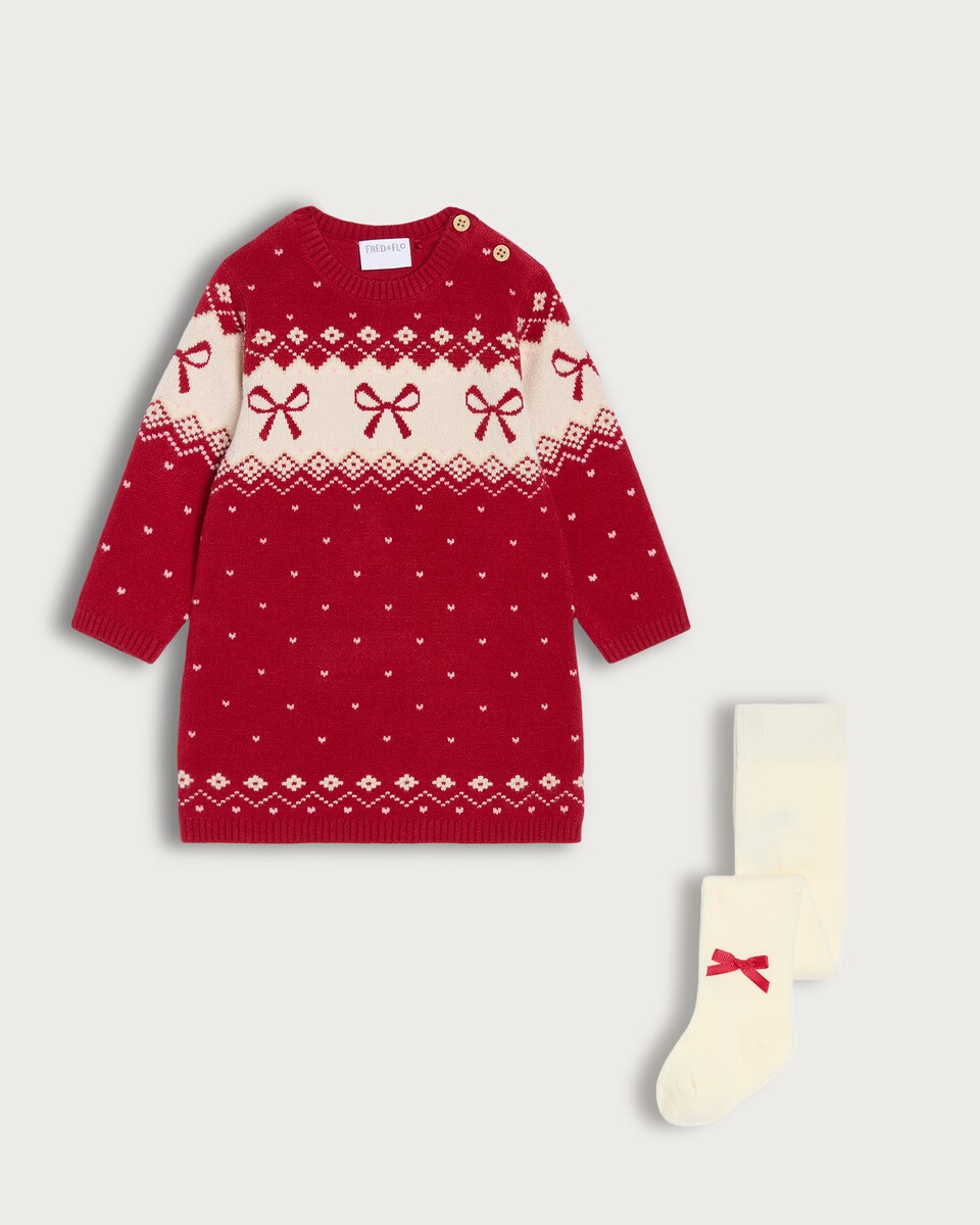 image 1 of F&F Baby 2-Piece Knitted Bow Pattern Dress and Tights Set in Red