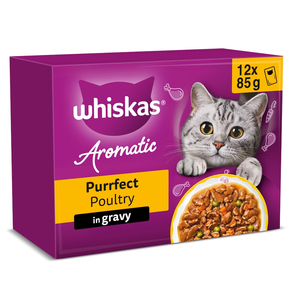 image 1 of WHISKAS 1+ Aromatic Purrfect Poultry Selection Wet Cat Food Pouches in Gravy 12x85g