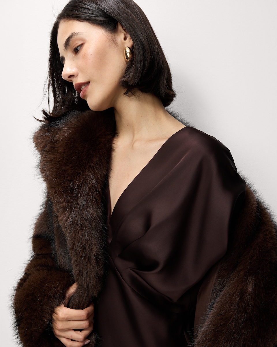 image 1 of F&F Satin V Neck Midi Dress in Brown