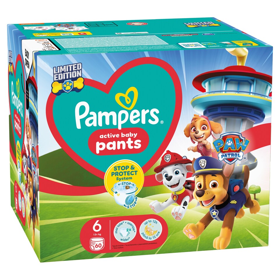 Obrázek 1 pro produkt Pampers Active Baby Pants Plenkové Kalhotky Edice Tlapková Patrola, Velikost 6, 60 Plenky,