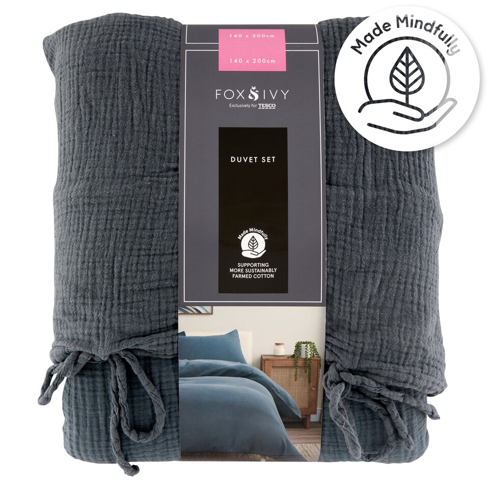 image 1 of Fox & Ivy Muslin Blue Duvet Set Single 140 x 200 cm