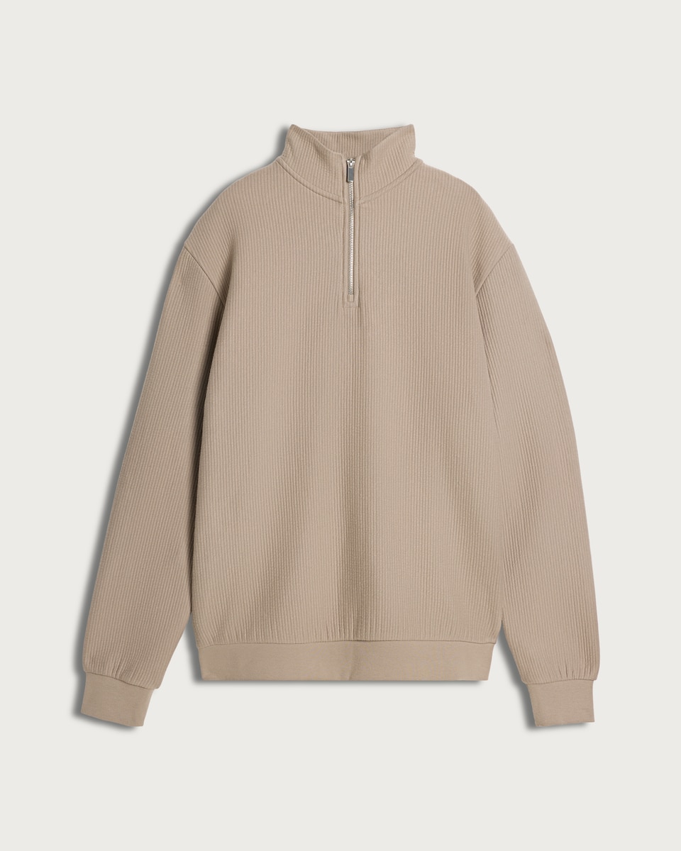 image 1 of F&F Cotton Rich Ribbed High Neck Half Zip Sweatshirt in Stone
