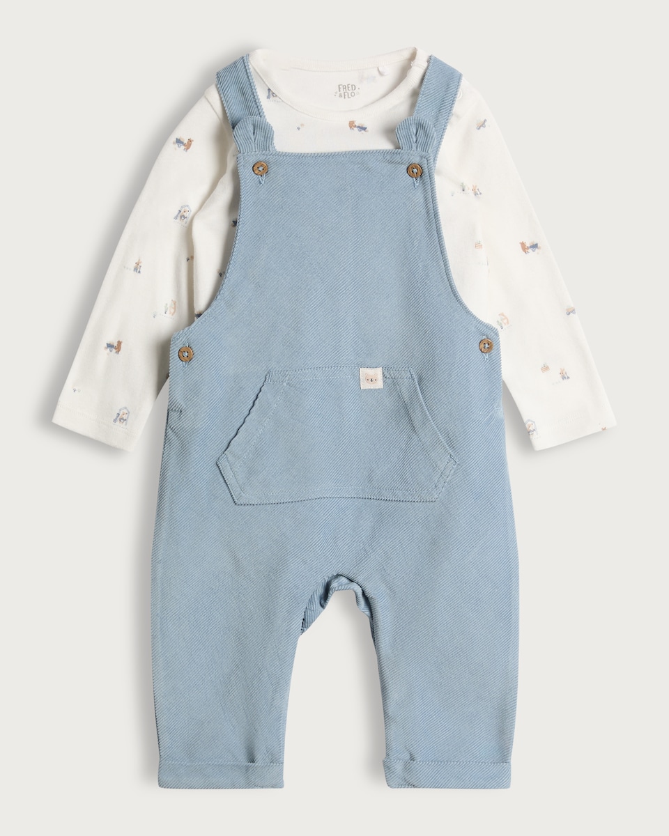 image 1 of F&F Baby 2-Piece Pure Cotton Dungarees and Bodysuit Set in Multi