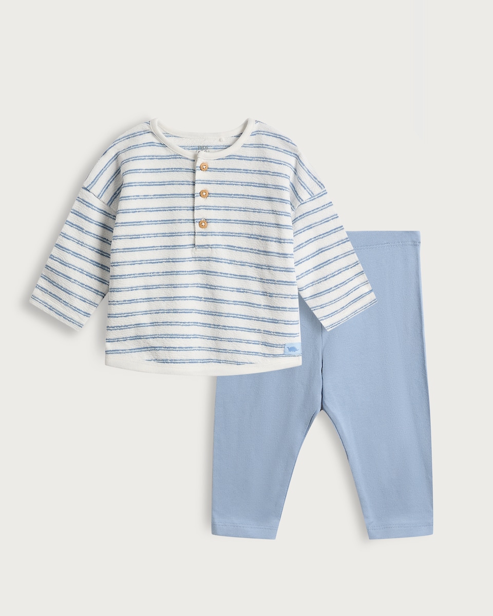 image 1 of F&F Baby 2-Piece Pure Cotton Striped Top and Leggings Set in Blue