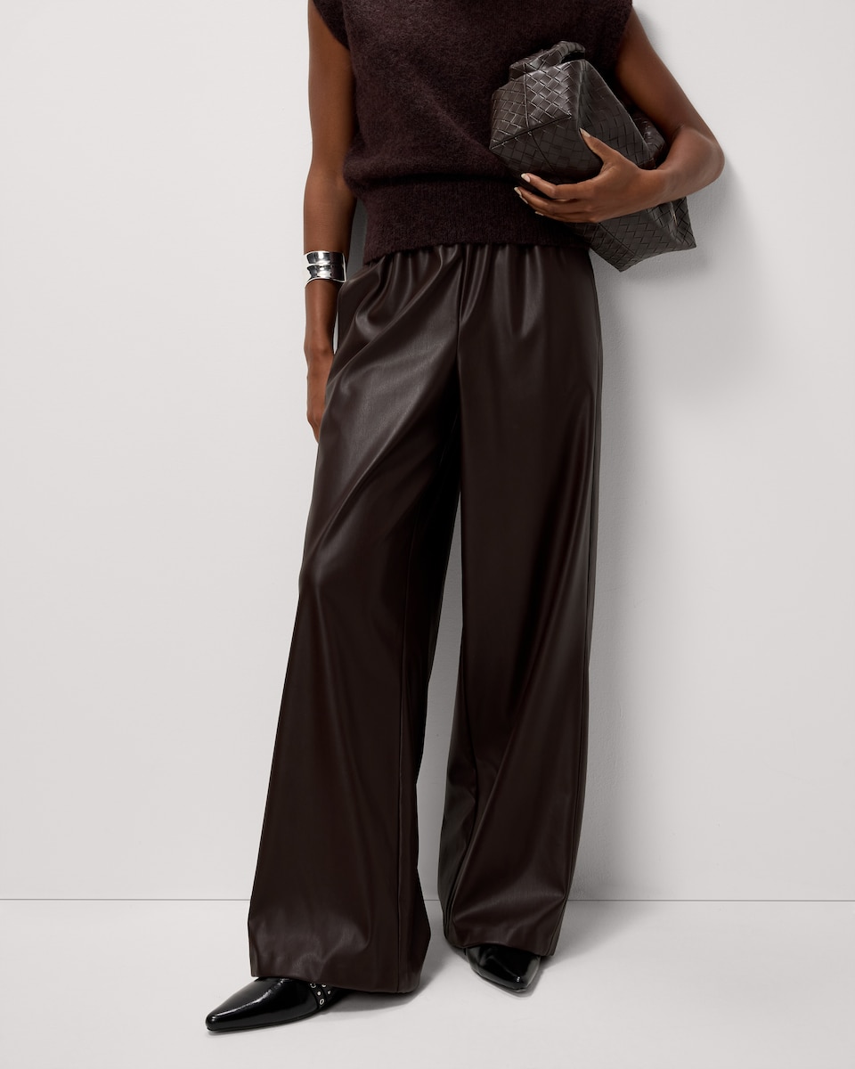 image 1 of F&F Faux Leather Wide Leg Trousers in Burgundy