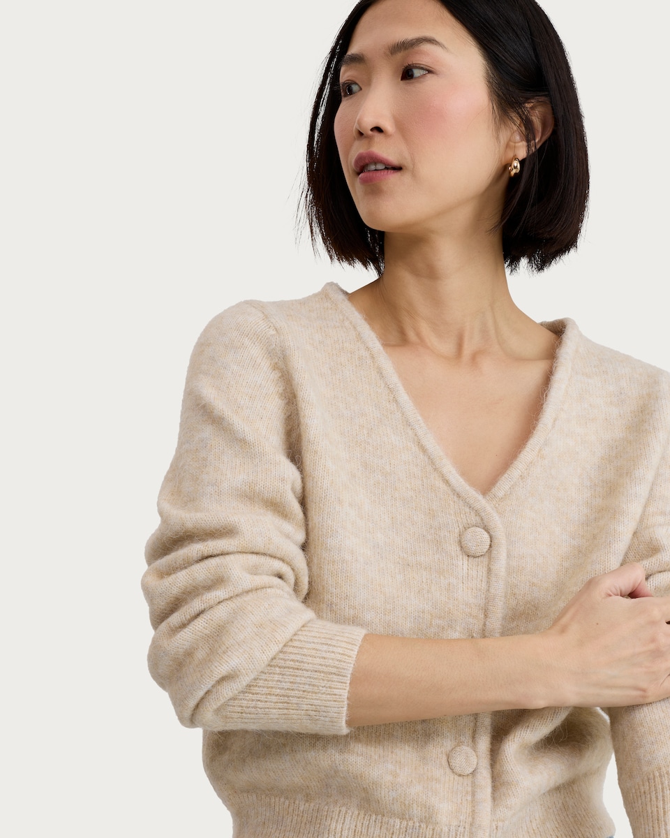 image 1 of F&F Knitted Fluffy V Neck Cardigan in Mink