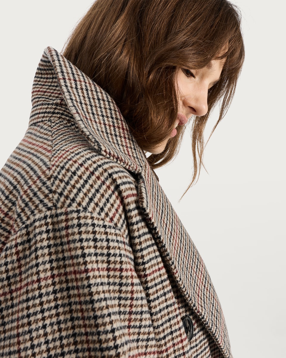 image 1 of F&F Double Breasted Houndstooth Print Coat with Wool in Multi Brown