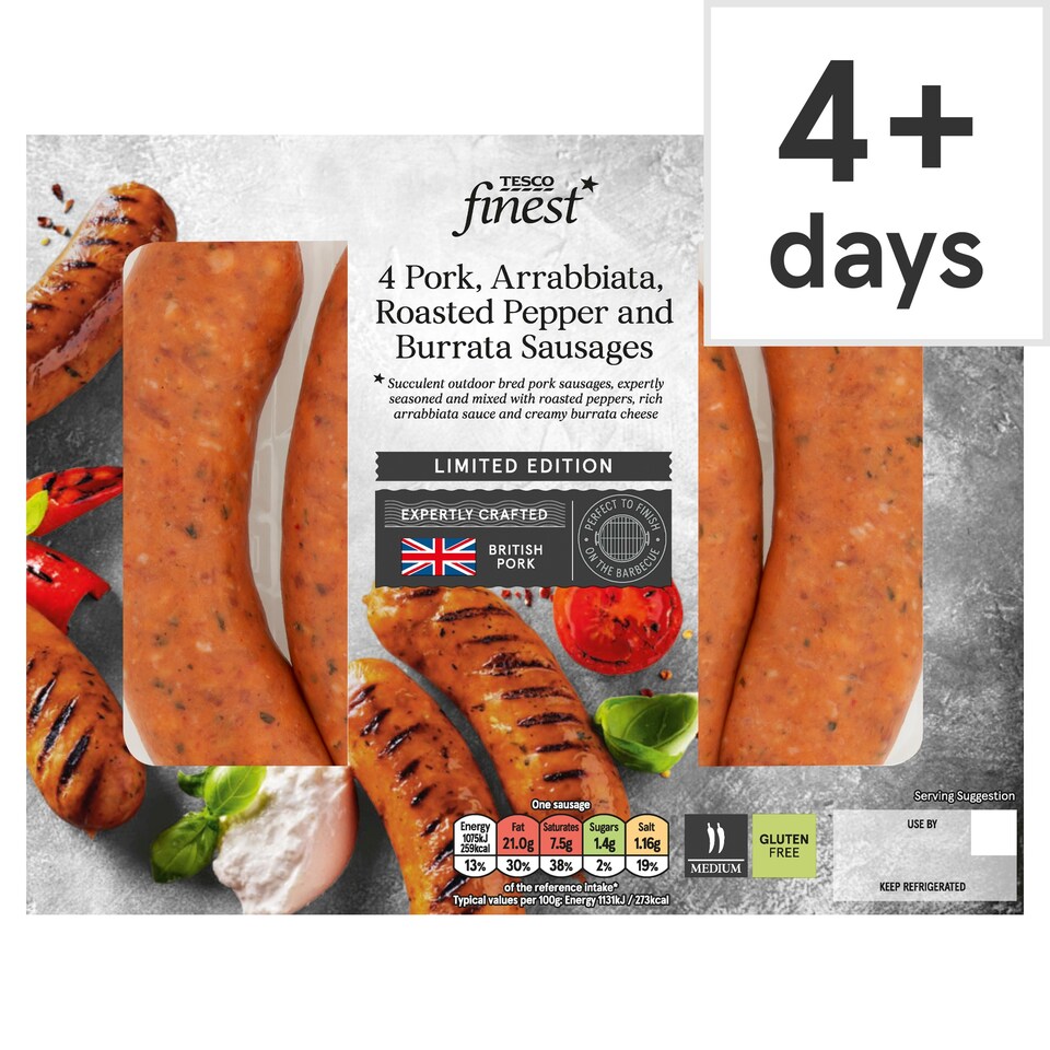 Tesco Finest BBQ 4 Pork, Arrabiata, Roasted Peppers & Burrata Sausage 440g 		