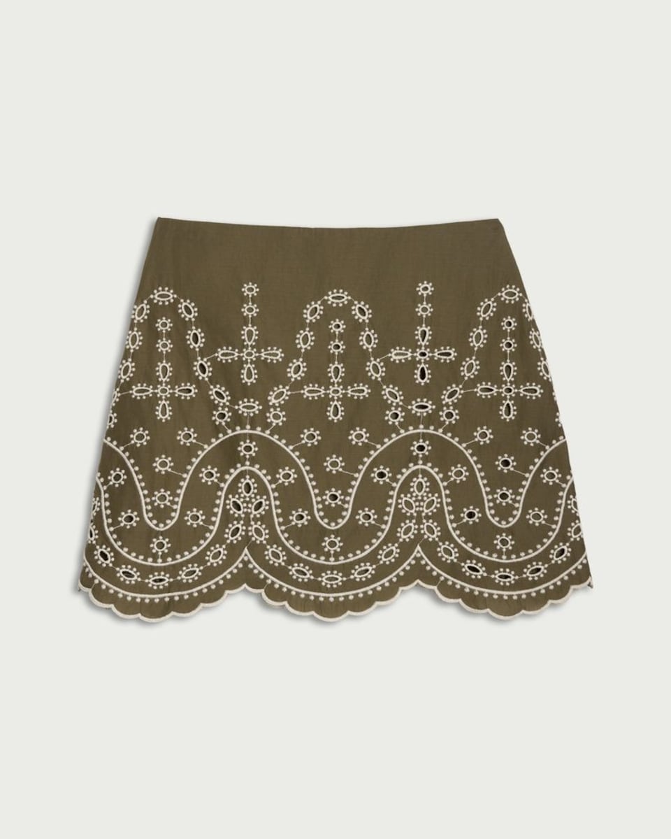 image 1 of F&F Pure Cotton Embroidered Co-ord Mini Skirt in Khaki