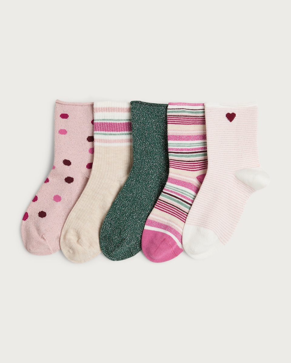 F&F Girls 5-Pack Cotton Rich Patterned Ankle Socks in Multi