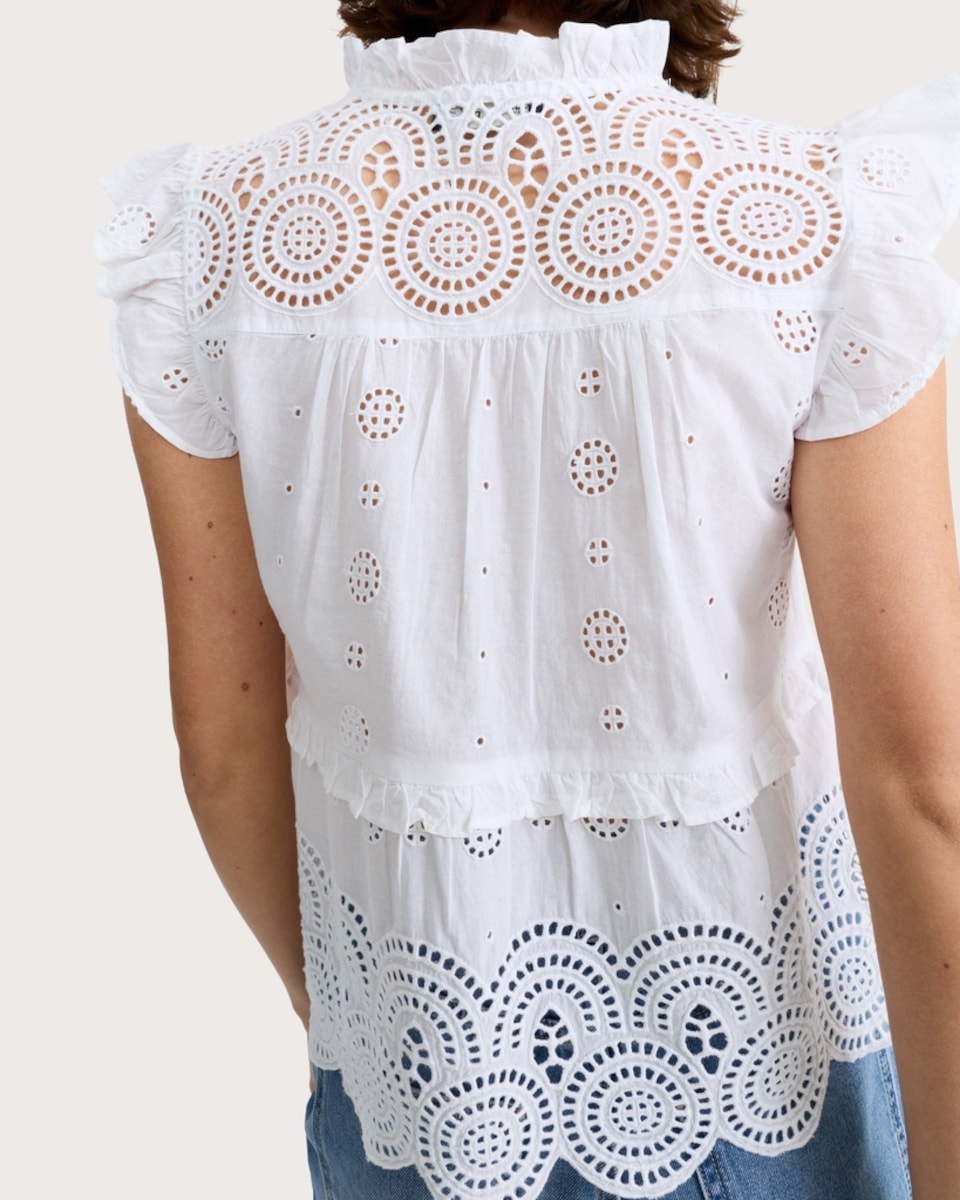 image 1 of F&F Pure Cotton Broderie Sleeveless Blouse in White