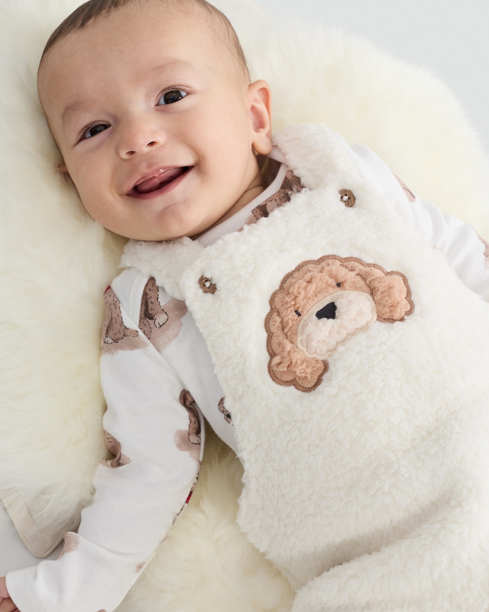 image 1 of F&F Curtis The Dog Baby 2-Piece Fleece Dungarees and Bodysuit Set in White