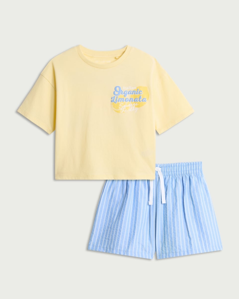 image 1 of F&F Girls 2-Piece Lemon T-Shirt and Striped Shorts Set in Multi Yellow