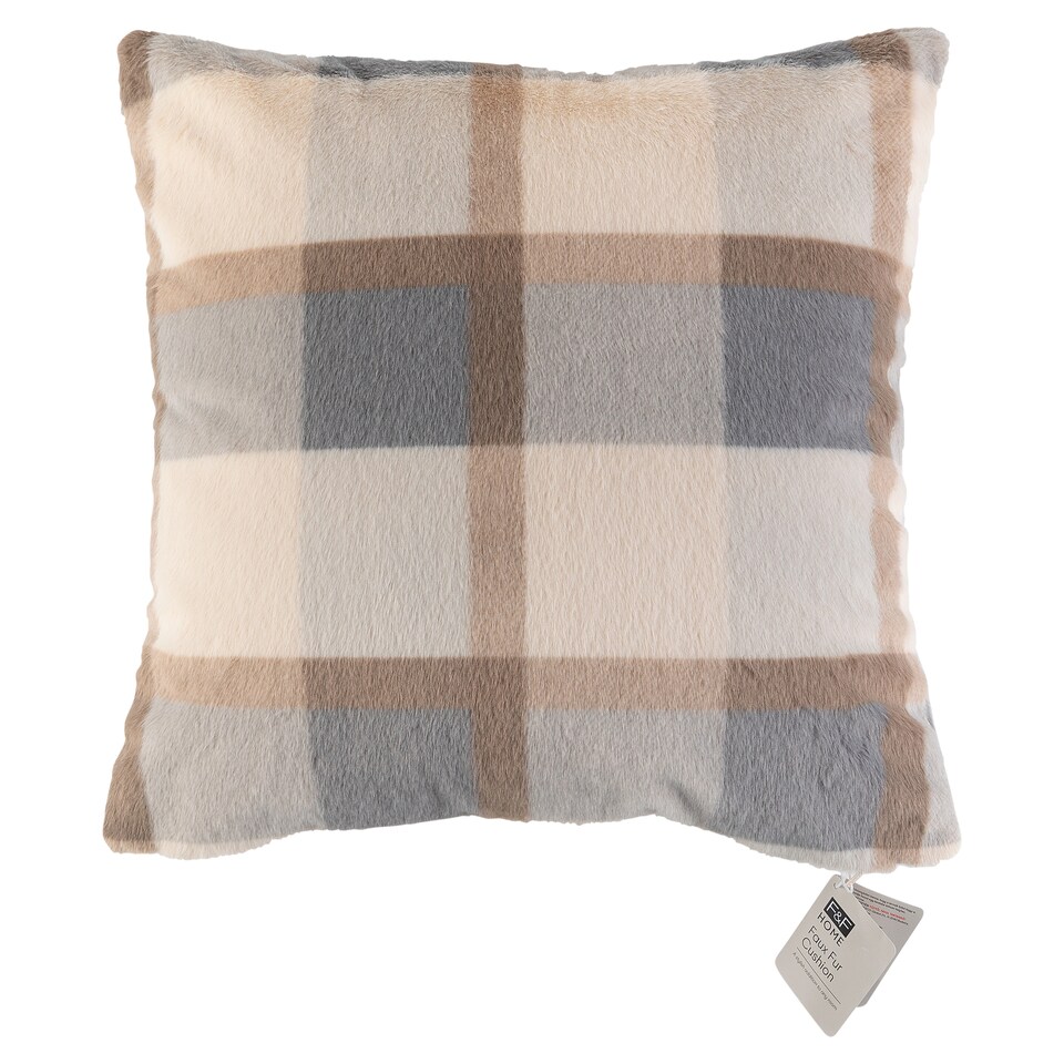 F&F Home Blue Checked Faux Fur Cushion