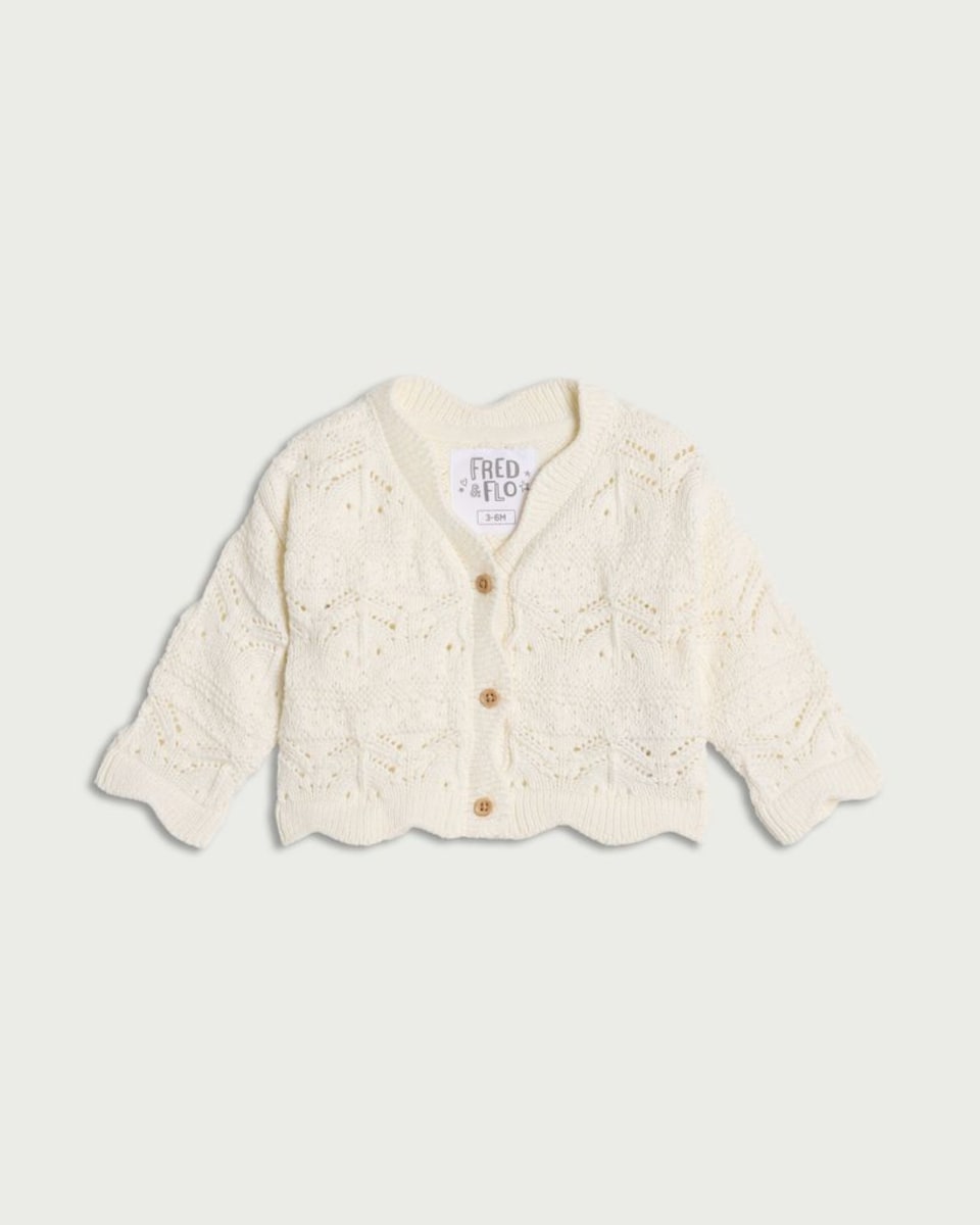image 1 of F&F Baby Pure Cotton Pointelle Cardigan in Ecru