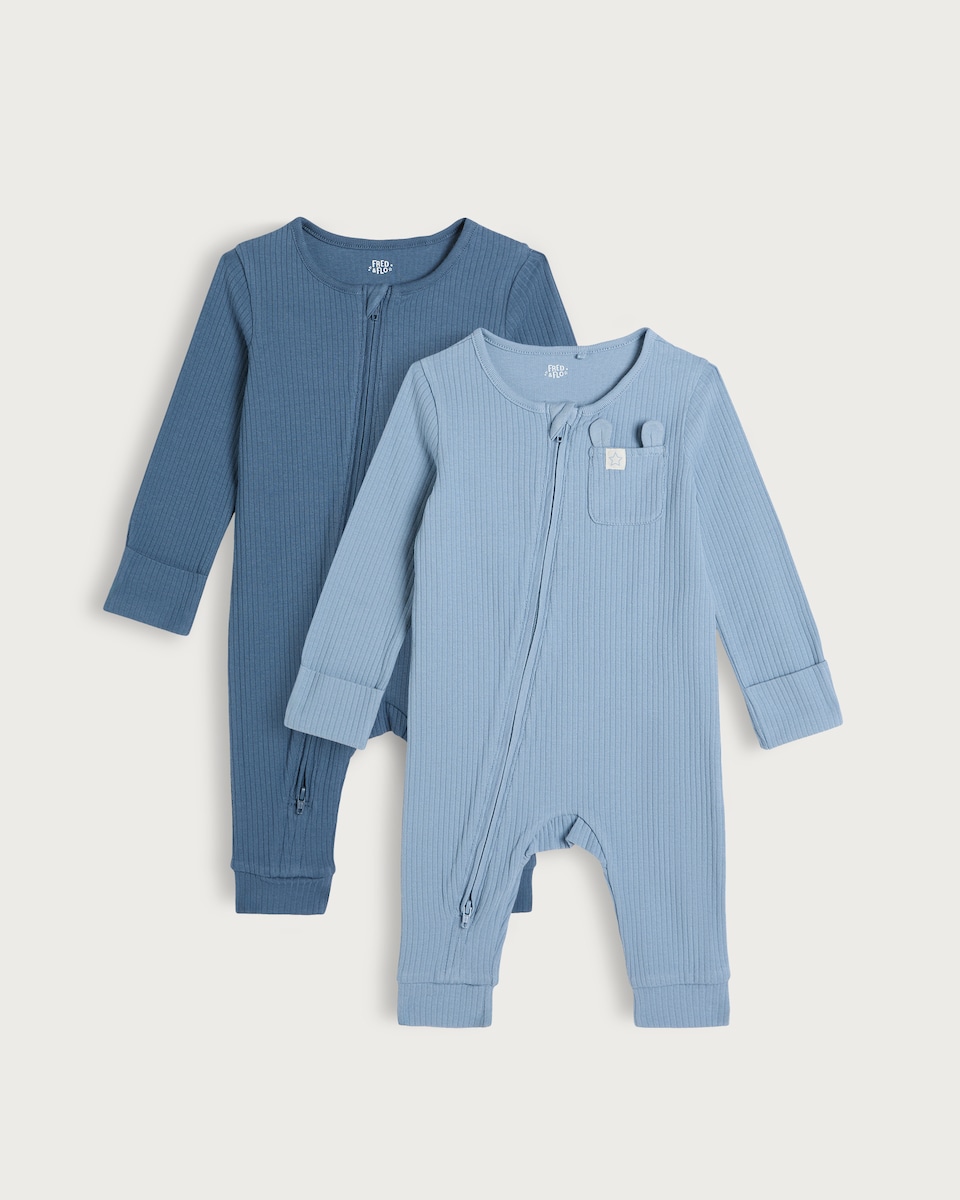 image 1 of F&F Baby 2-Pack Cotton Rich Ribbed Sleepsuits in Blue
