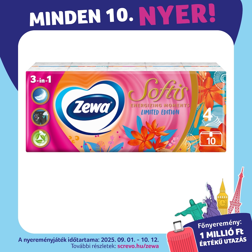 Zewa Softis Energizing Moments illatosított papír zsebkendő 4 rétegű 10 x 9 db  1. kép